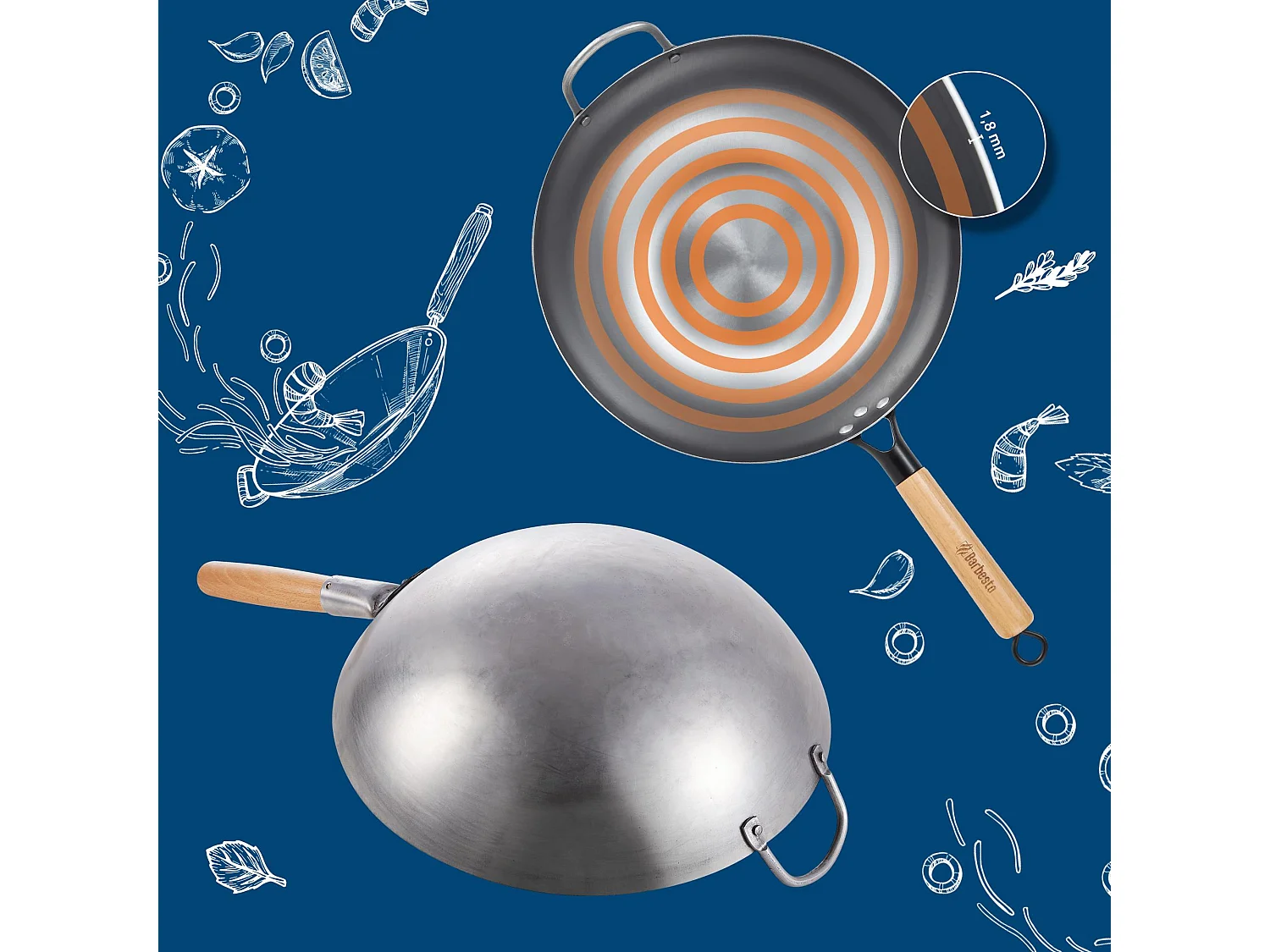 Ensemble wok en acier au carbone - Ø34 cm