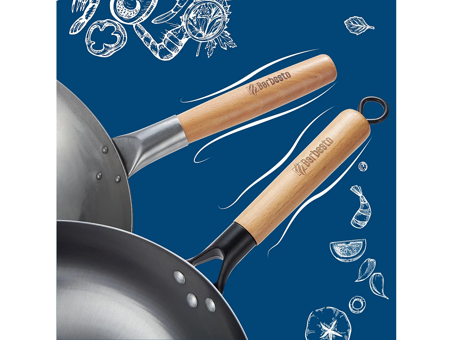 Ensemble wok en acier au carbone - Ø34 cm