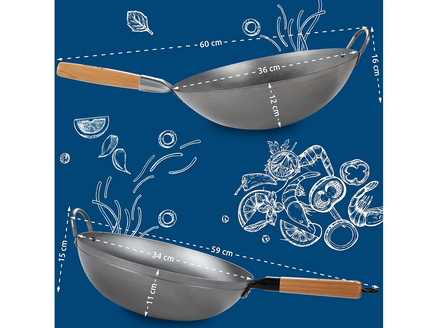 Ensemble wok en acier au carbone - Ø36 cm