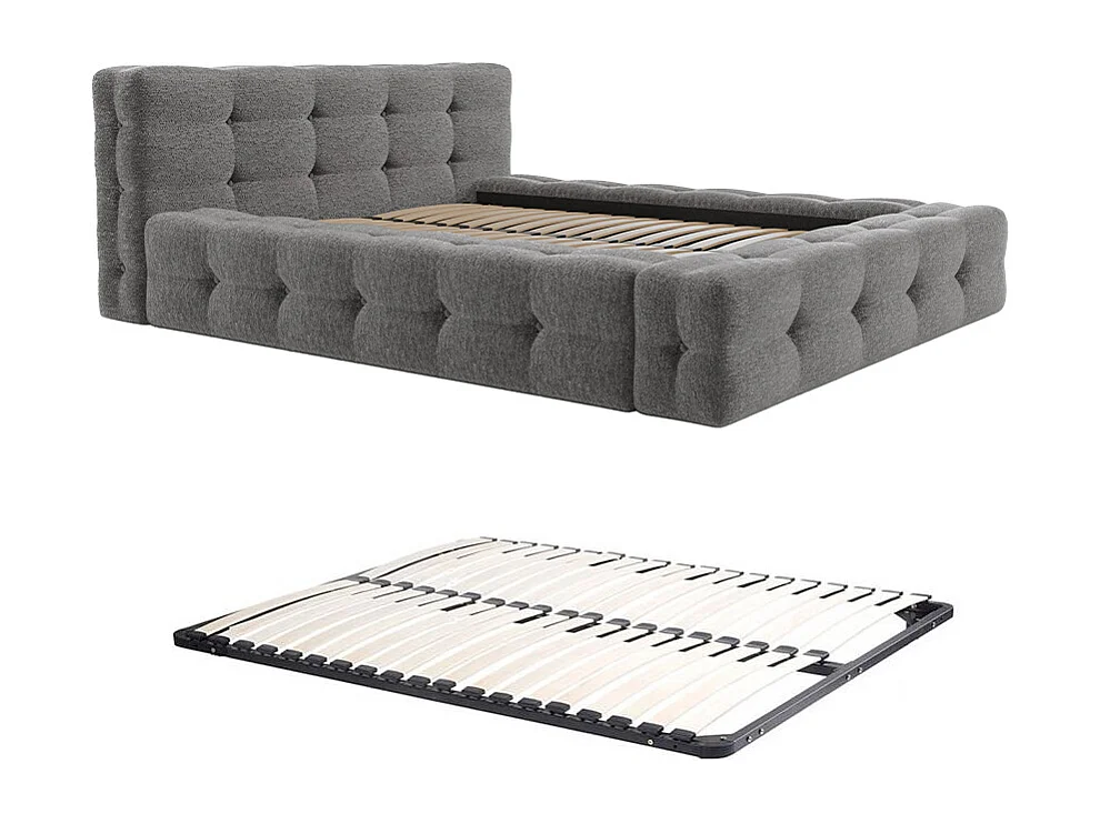 Lit capitonné 140 x 190 cm - Tissu bouclette - Gris anthracite + Sommier - LERUCO de Pascal Morabito