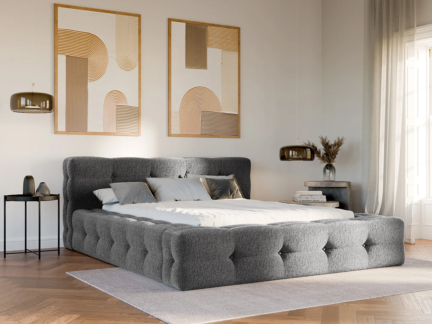 Letto trapuntanto 160 x 200 cm Tessuto bouclette Antracite + Rete - LERUCO di PASCAL MORABITO