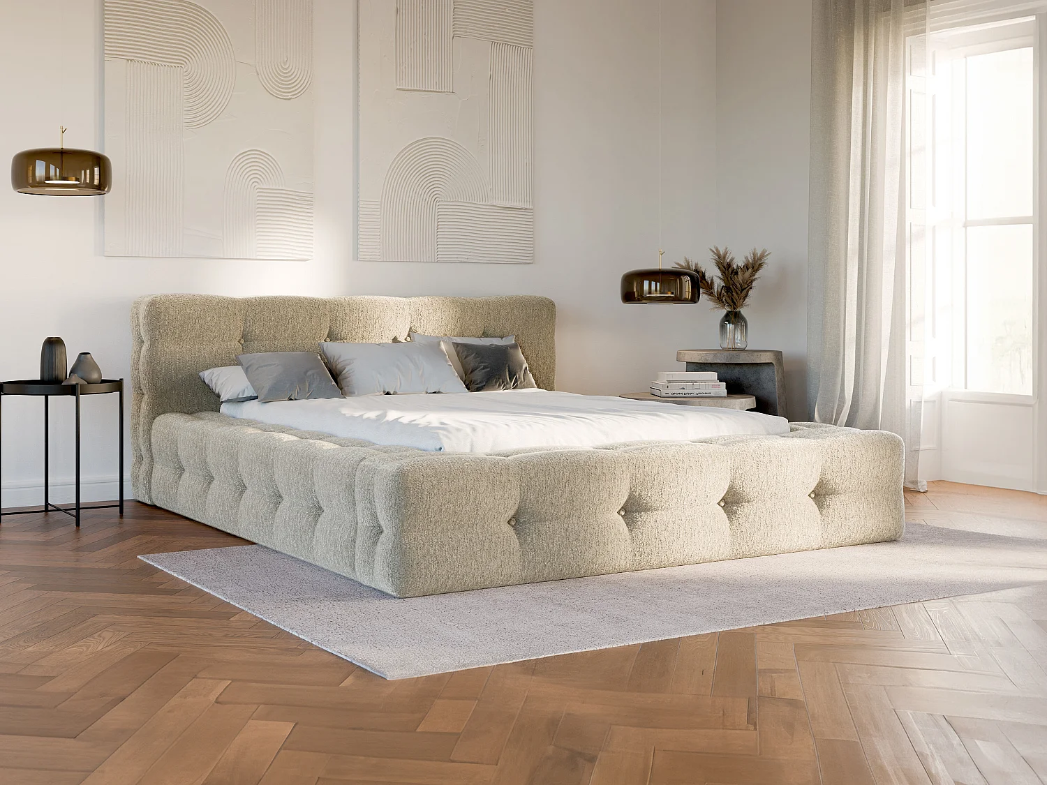 Letto trapuntato 160 x 200 cm Tessuto bouclette Beige + Rete  - LERUCO di PASCAL MORABITO