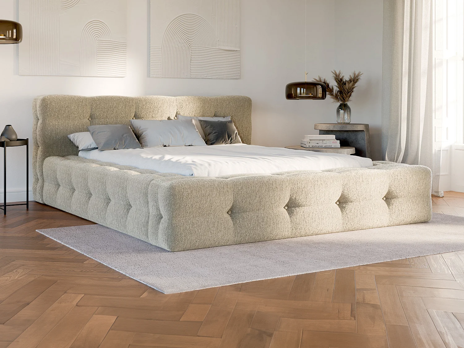 Letto trapuntato 160 x 200 cm Tessuto bouclette Beige + Rete  - LERUCO di PASCAL MORABITO