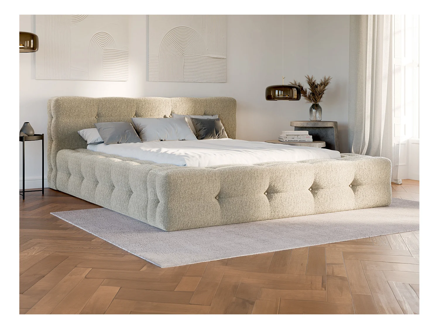 Letto trapuntato 160 x 200 cm Tessuto bouclette Beige + Rete  - LERUCO di PASCAL MORABITO