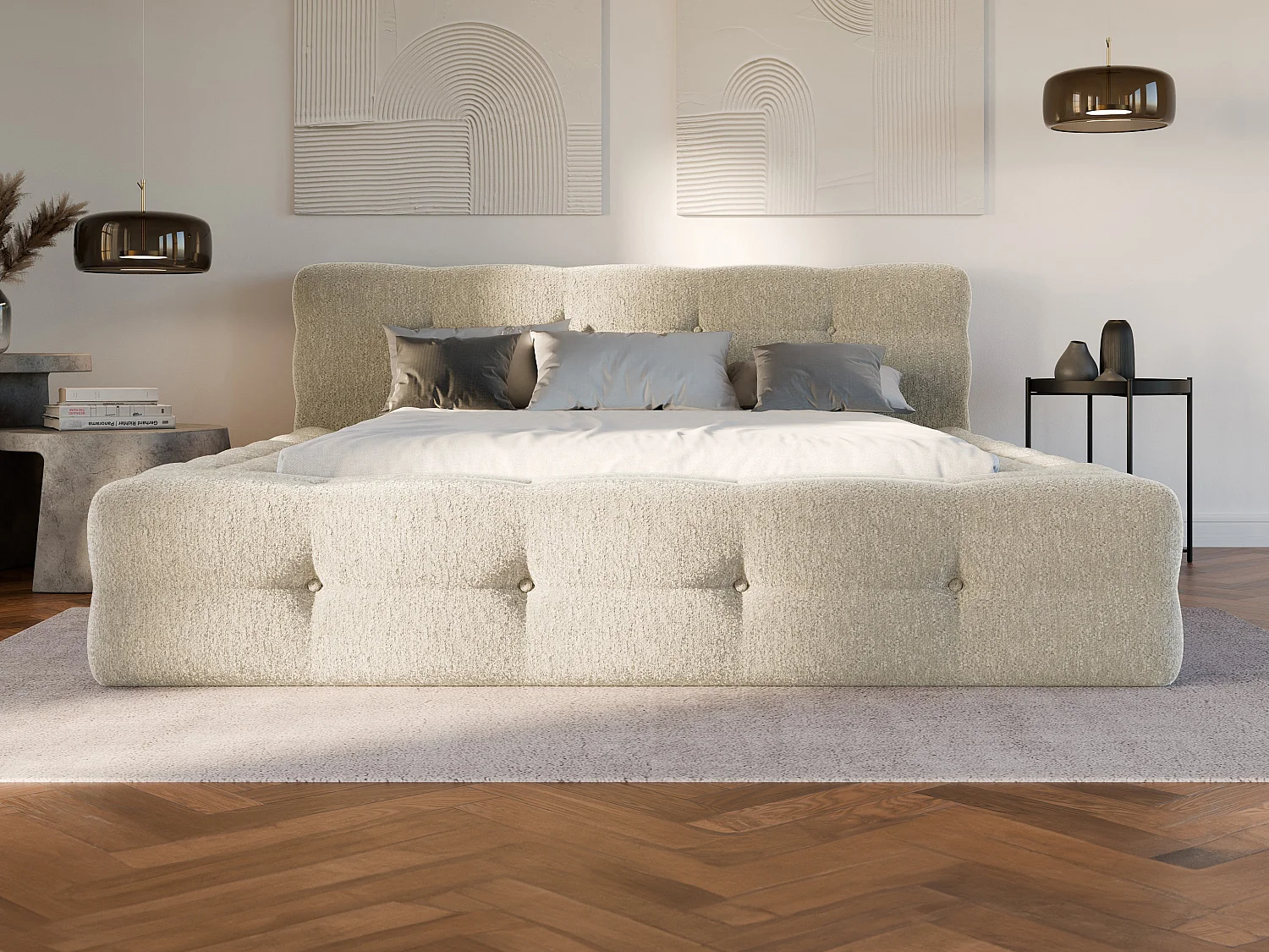 Lit capitonné 160 x 200 cm - Tissu bouclette - Beige + Sommier - LERUCO de Pascal Morabito