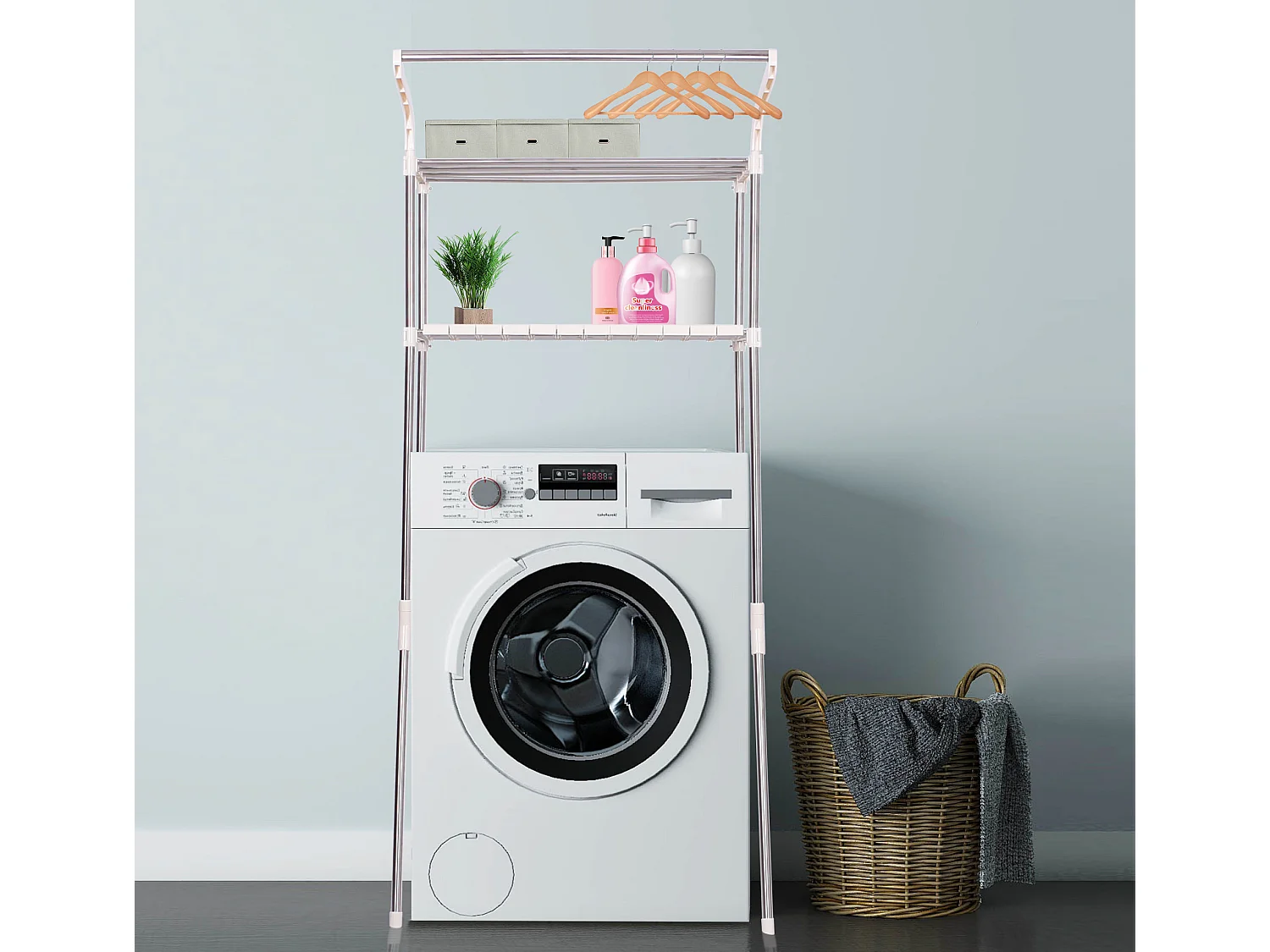 Etagère pour lave-linge Ellsworth en tubes d'acier avec deux espaces de rangement