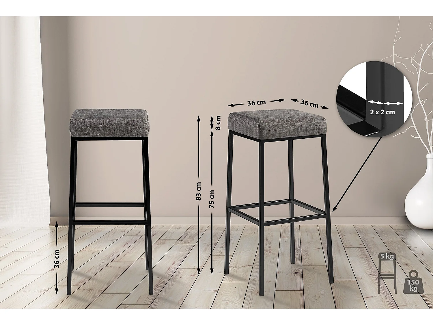 Tabouret de bar - Tissu & Noir - Gris - Montreal 85