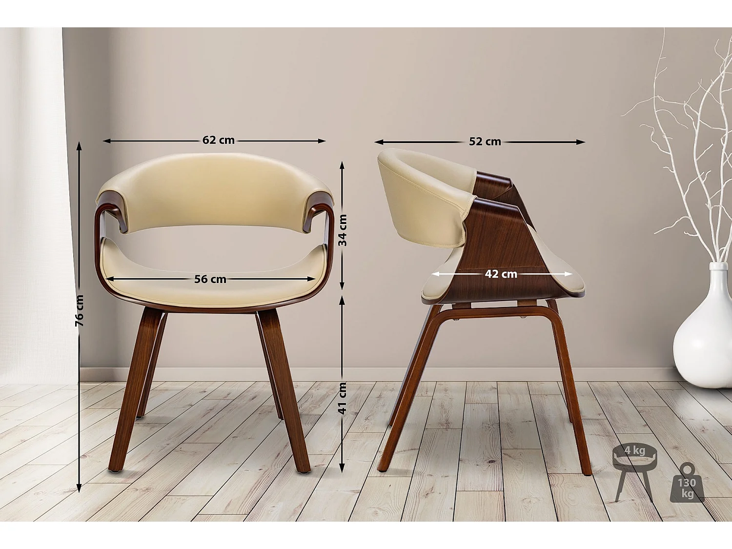 Lot de 2  chaise salle à manger - Similicuir - Noyer / Crème - Foley