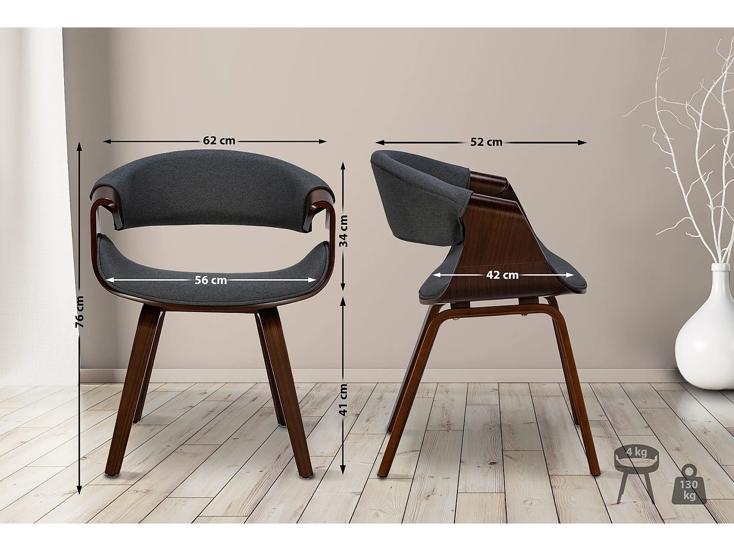 Lot de 2  chaise salle à manger - Tissu - Noyer / Gris - Foley