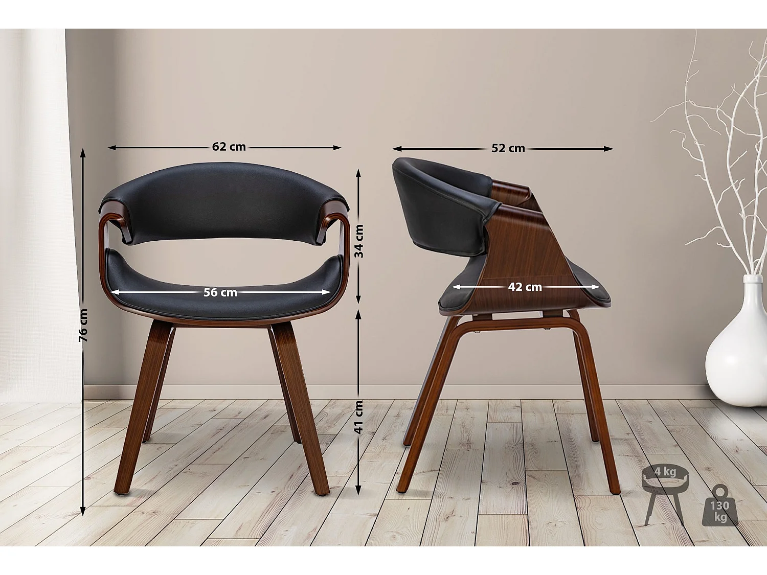 Lot de 2  chaise salle à manger - Similicuir & Bois - Noyer / Noir - Foley