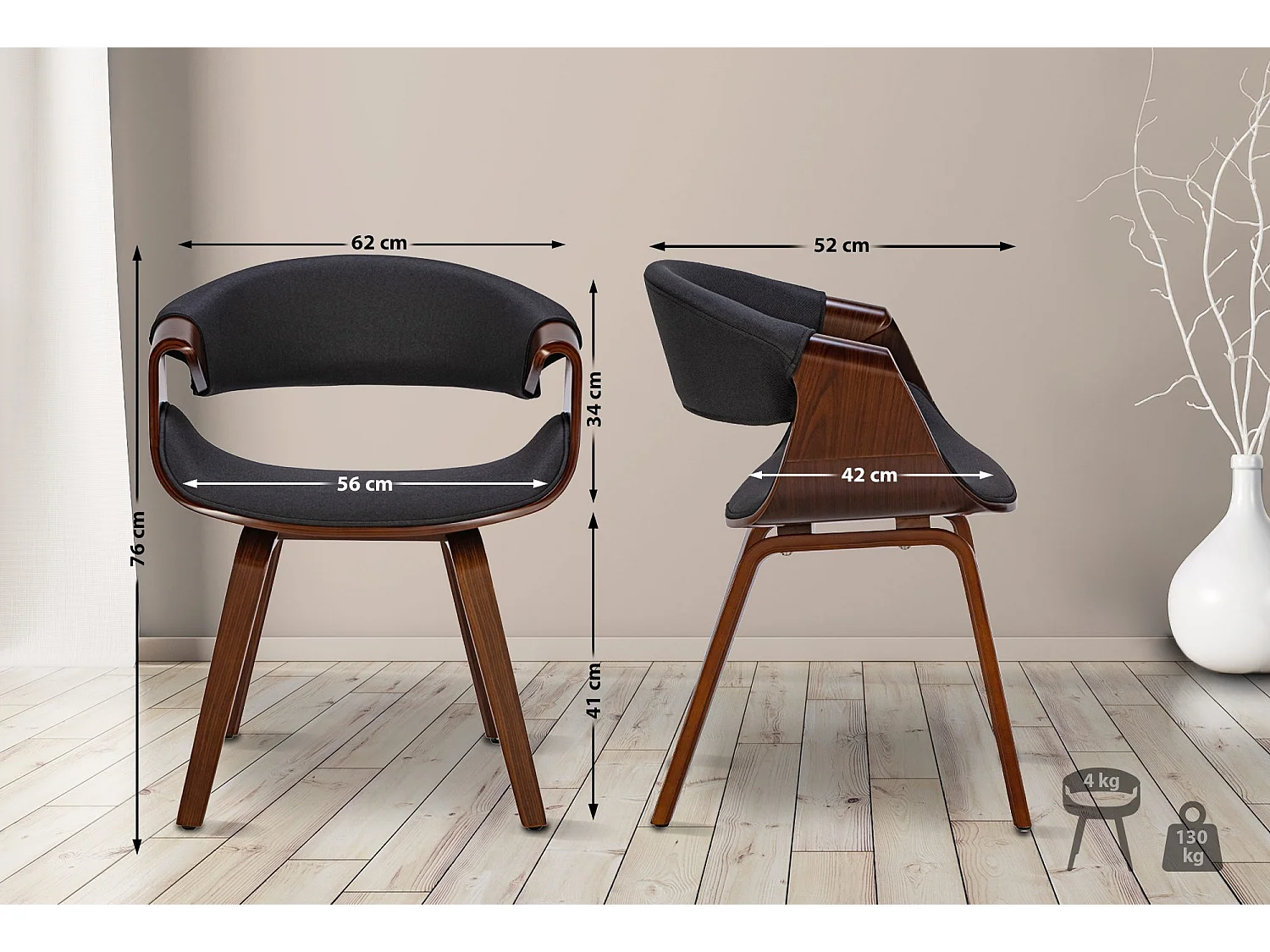 Lot de 2  chaise salle à manger - Tissu - Noyer / Noir - Foley