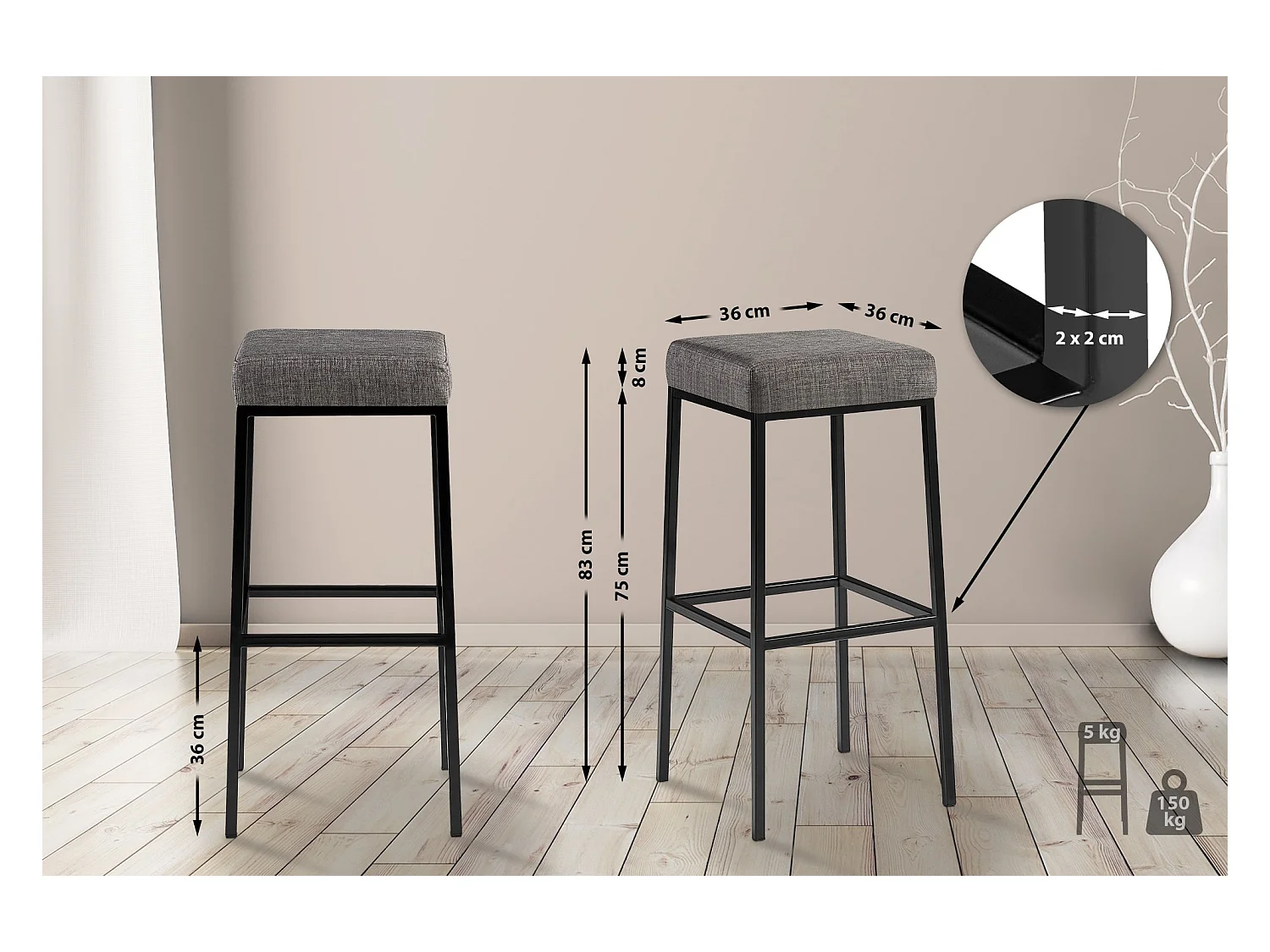 2er Set Barhocker - Stoff & schwarz - grau - Montreal 80