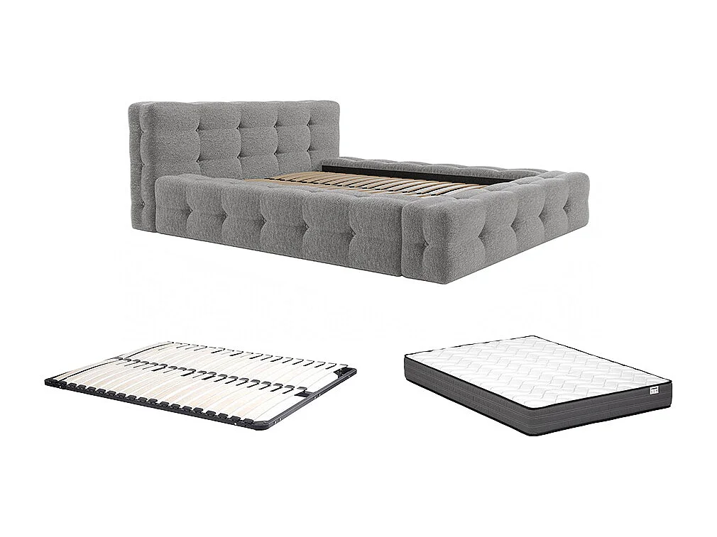 Polsterbett + Lattenrost + Matratze - 140 x 190 cm - Bouclé-Stoff - Hellgrau - LERUCO von Pascal Morabito