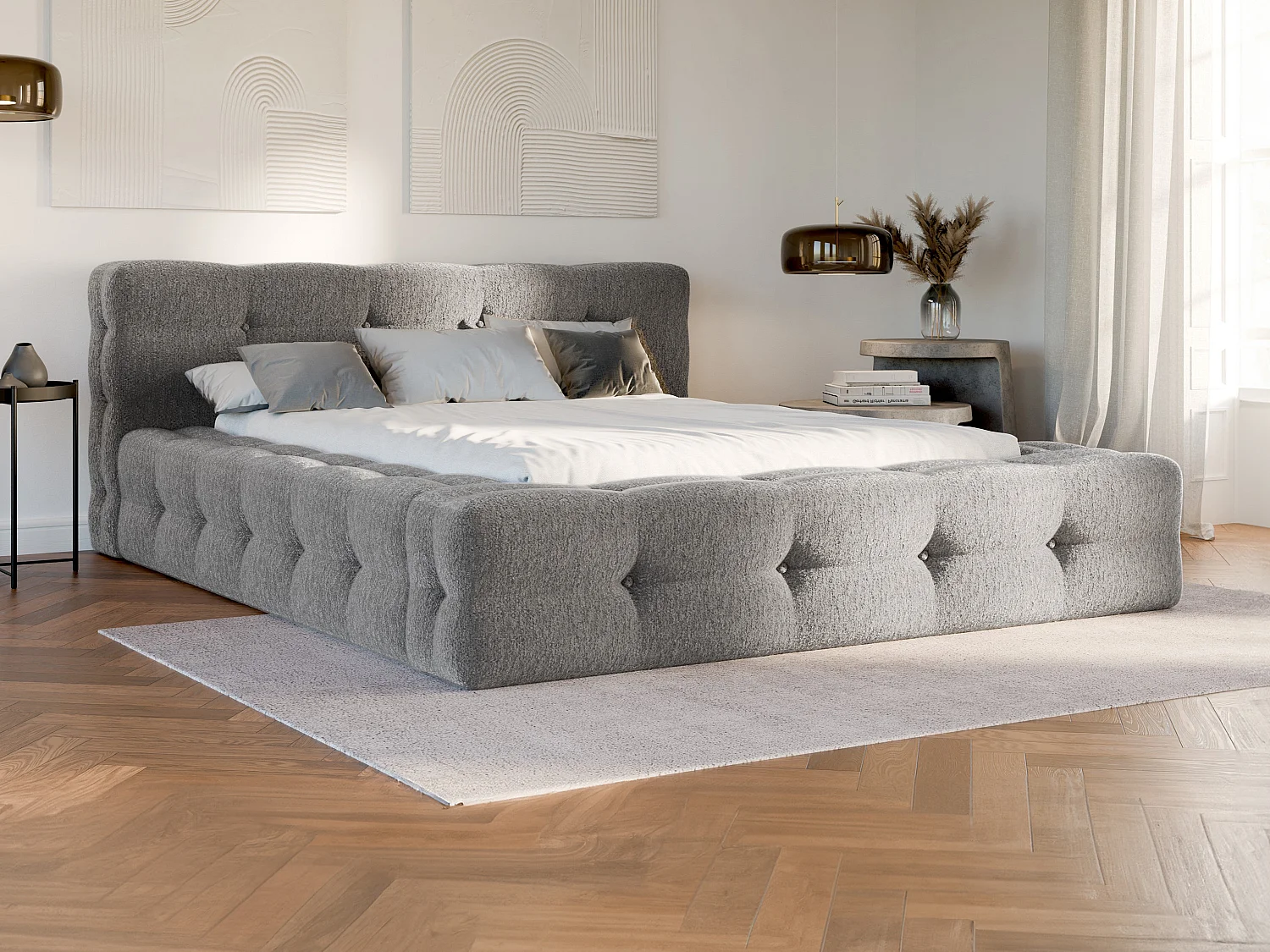 Polsterbett + Lattenrost + Matratze - 140 x 190 cm - Bouclé-Stoff - Hellgrau - LERUCO von Pascal Morabito
