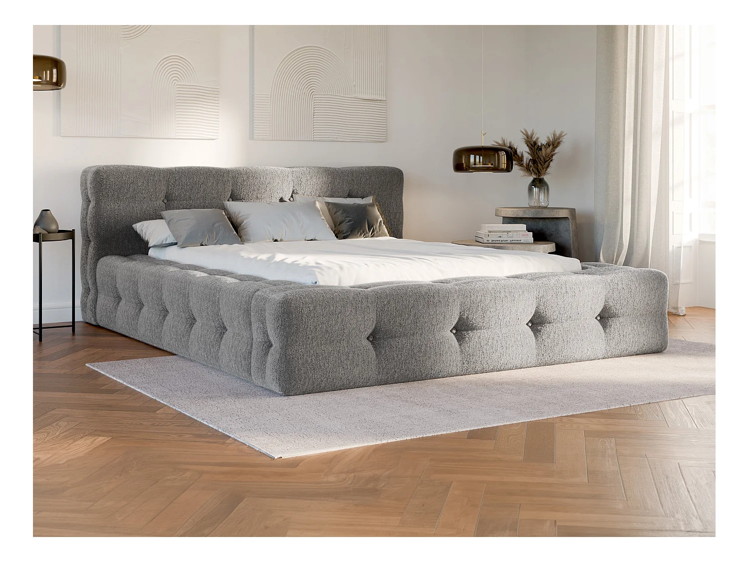 Letto trapuntato 140 x 190 cm Tessuto bouclette Grigio + Rete a doghe + Materasso  - LERUCO di PASCAL MORABITO