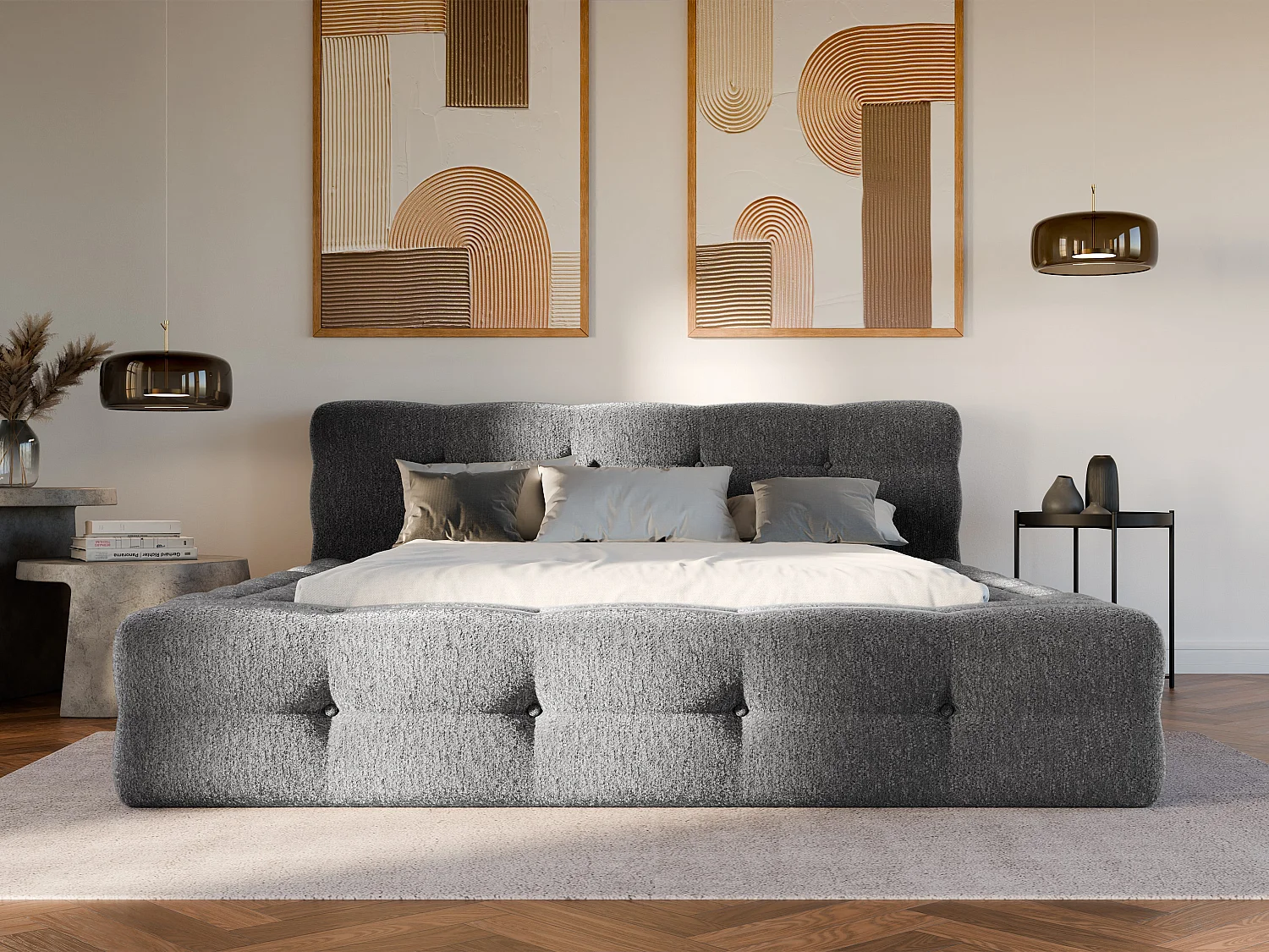 Letto trapuntanto 160 x 200 cm Tessuto bouclette Antracite+Rete a doghe+Materasso - LERUCO di PASCAL MORABITO