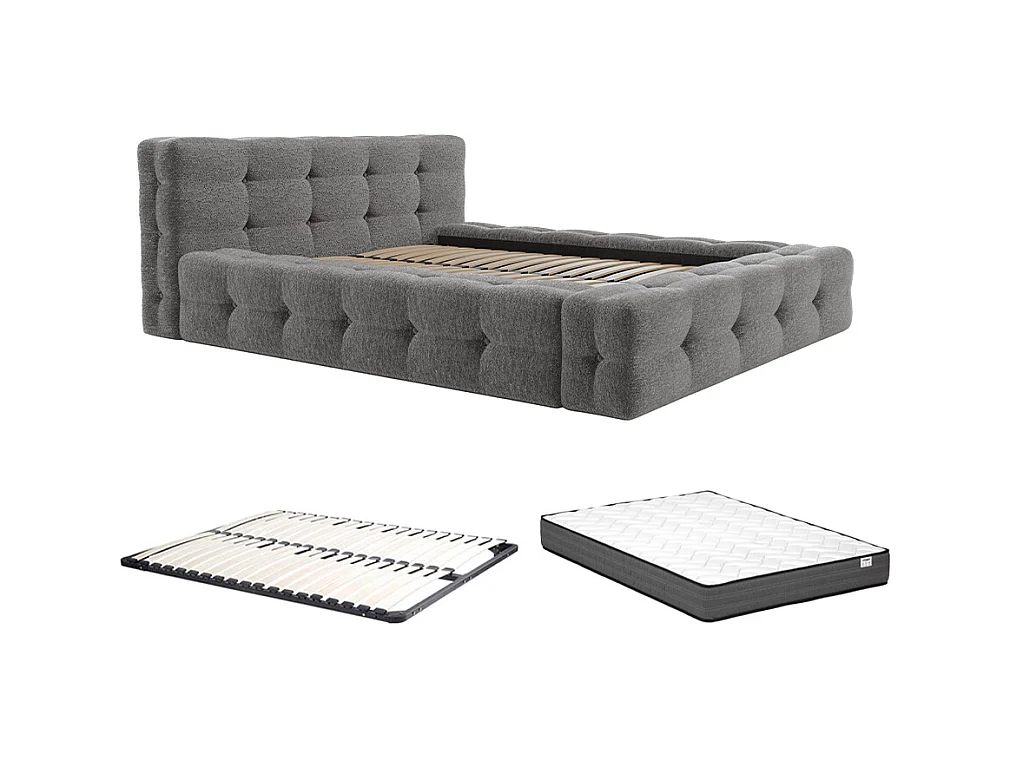 Letto trapuntanto 160 x 200 cm Tessuto bouclette Antracite+Rete a doghe+Materasso - LERUCO di PASCAL MORABITO