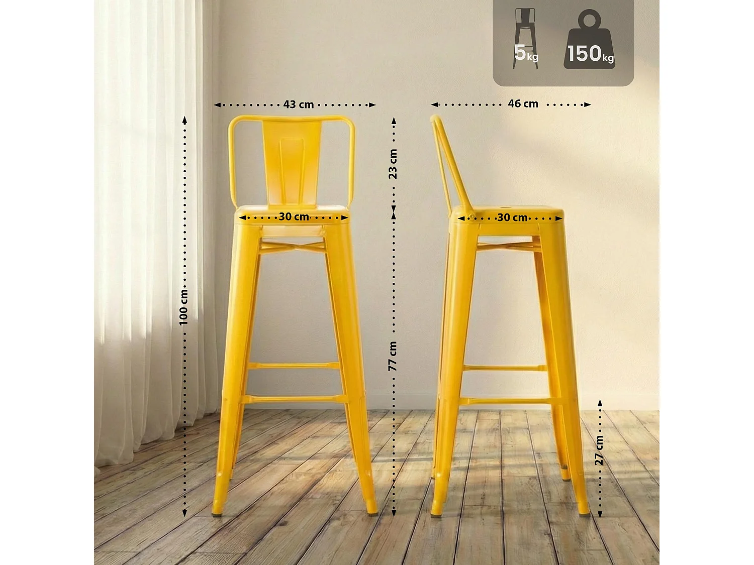 Lot de 2  Tabouret de bar - Métal & Noir - Jaune - Mason