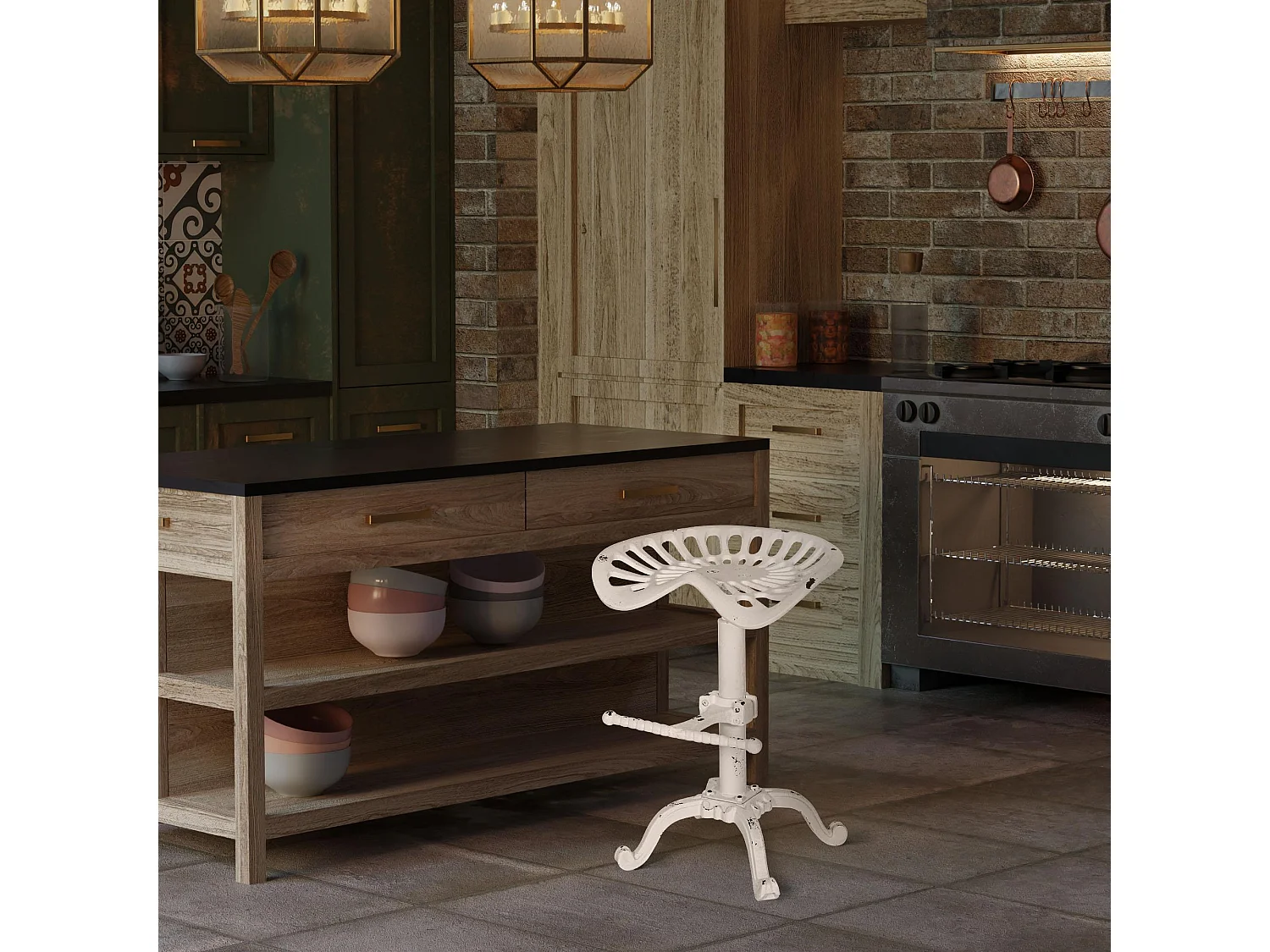 Tabouret de bar - Métal & Noir - Blanc antique - Butch