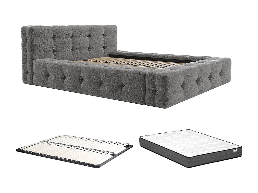 Letto trapuntanto 180 x 200 cm Tessuto bouclette Antracite+Rete a doghe+Materasso - LERUCO di PASCAL MORABITO