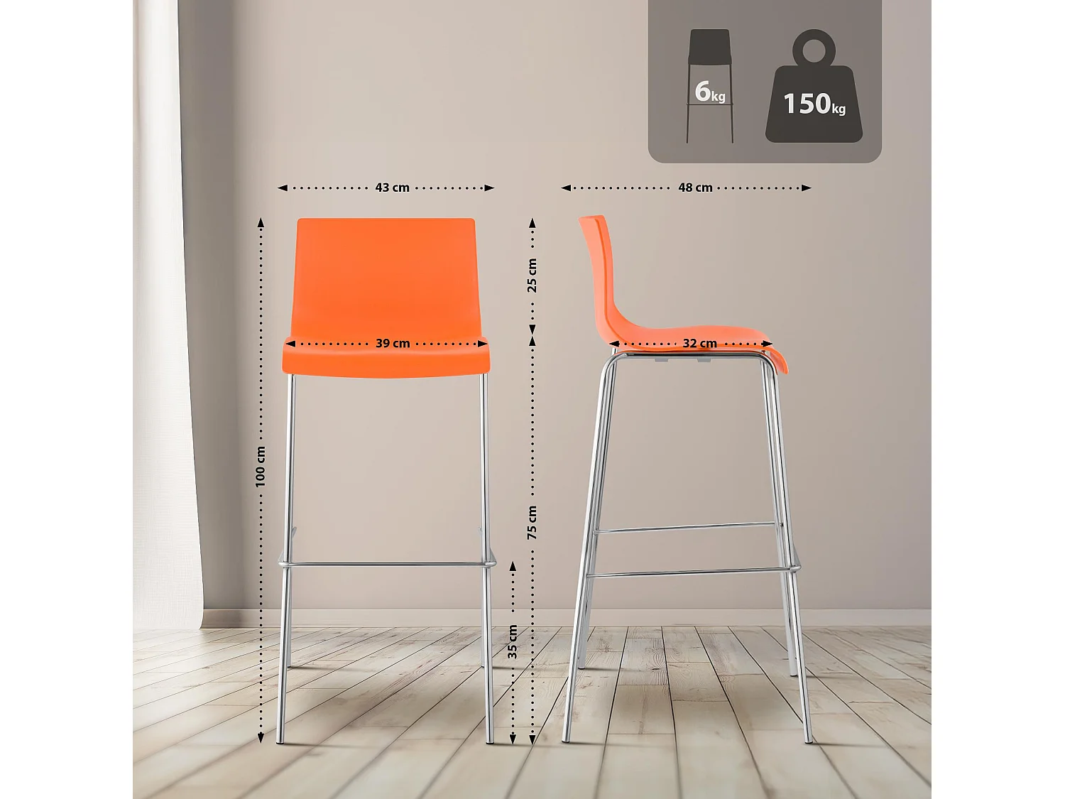 Tabouret de bar - Plastique & Chrome - Orange - Hoover