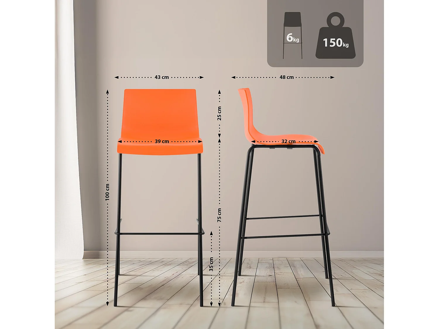 Tabouret de bar - Plastique & Noir - Orange - Hoover