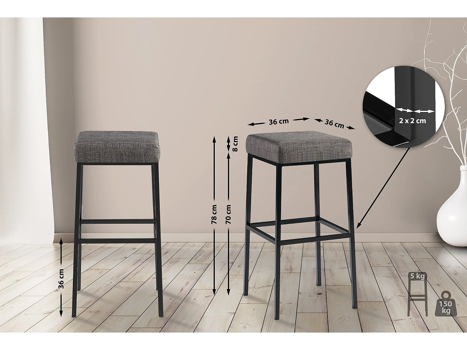 Tabouret de bar - Tissu & Noir - Gris - Montreal 80