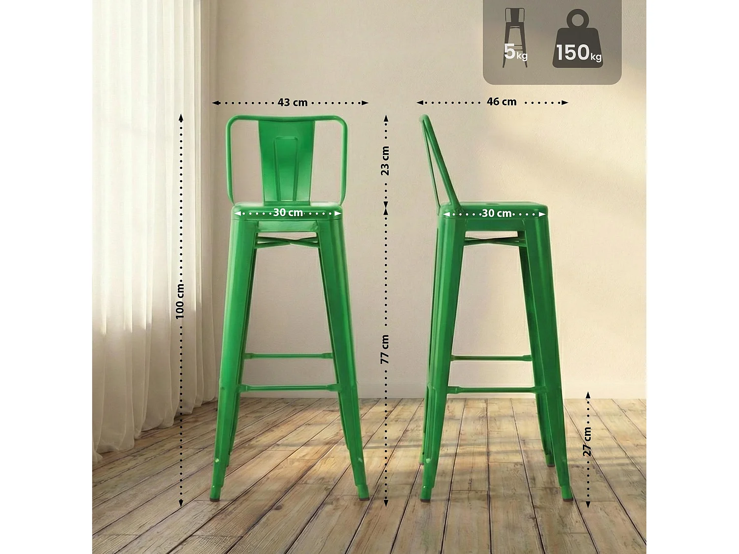 Lot de 2  Tabouret de bar - Métal & Noir - Vert - Mason
