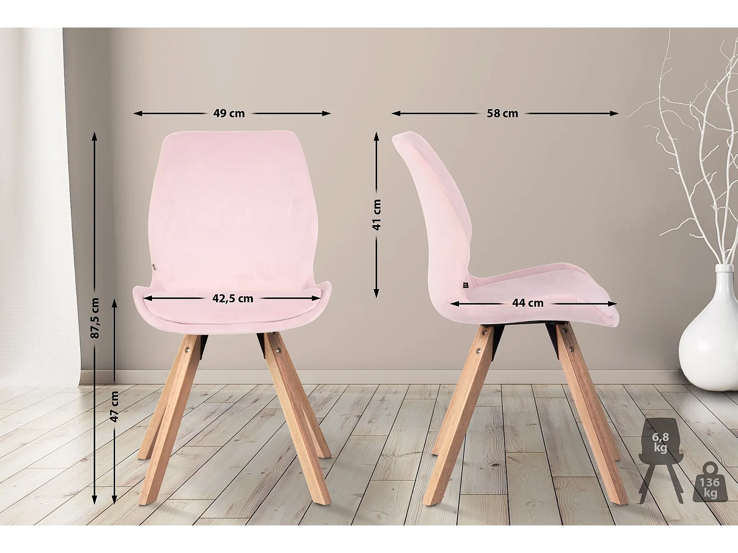 Lot de 2  chaise salle à manger - Velours - Rose - Luna