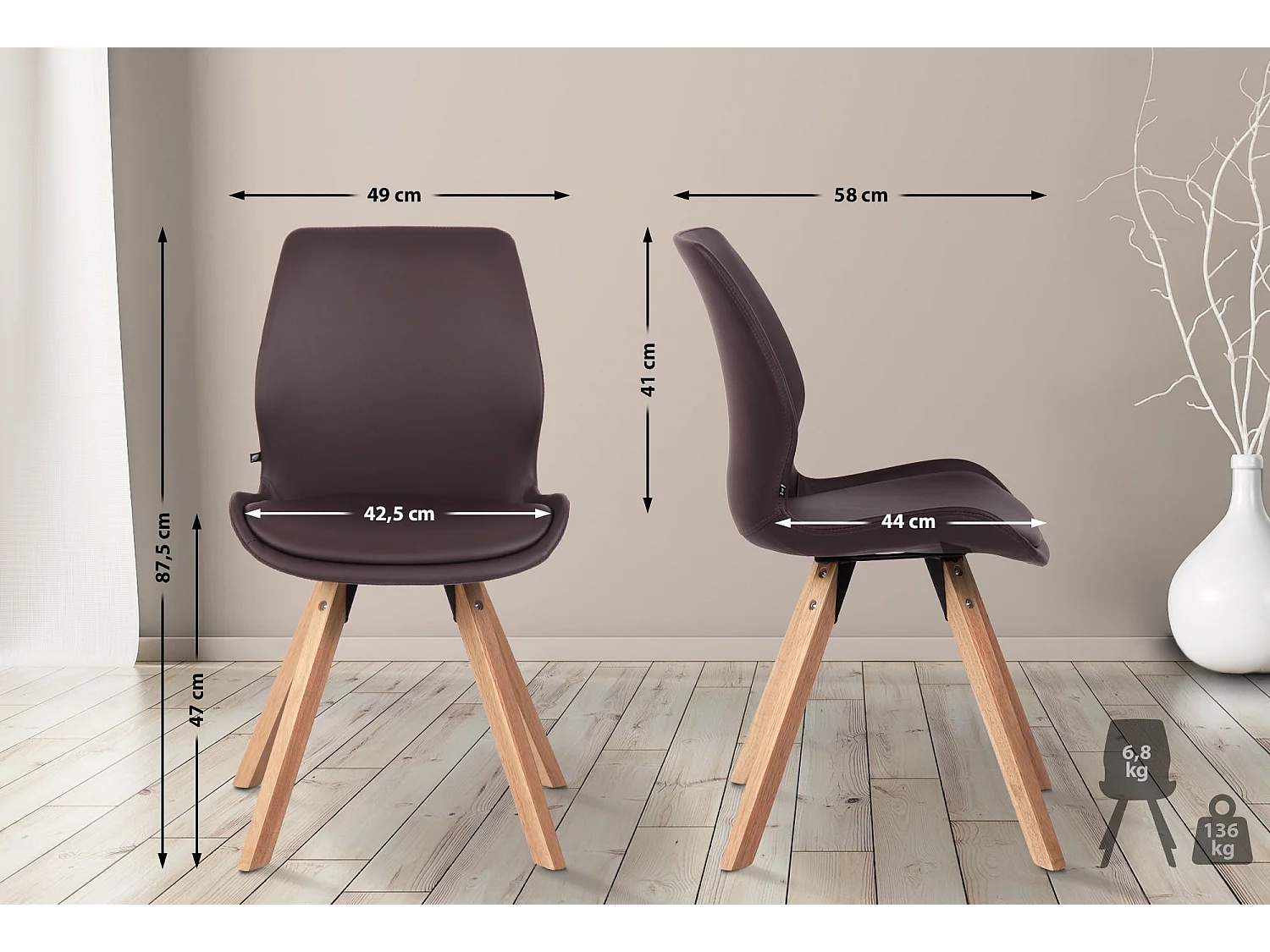 Lot de 4  chaise salle à manger - Similicuir - Marron - Luna