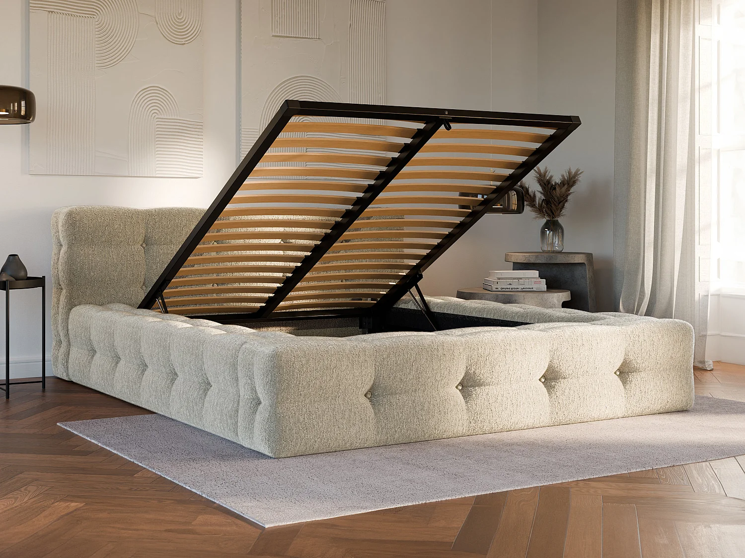 Polsterbett mit Bettkasten - 140 x 190 cm - Bouclé-Stoff - Beige - LERUCO von Pascal Morabito