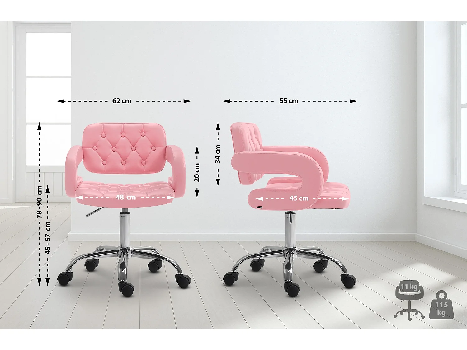 Chaise de bureau - Similicuir & Métal chromé - Rose - Dublin