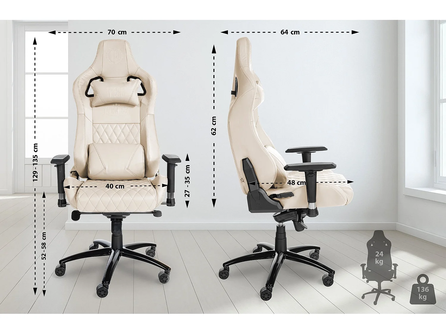 Chaise de bureau - Véritable cuir & Antique clair - Crème - Keren