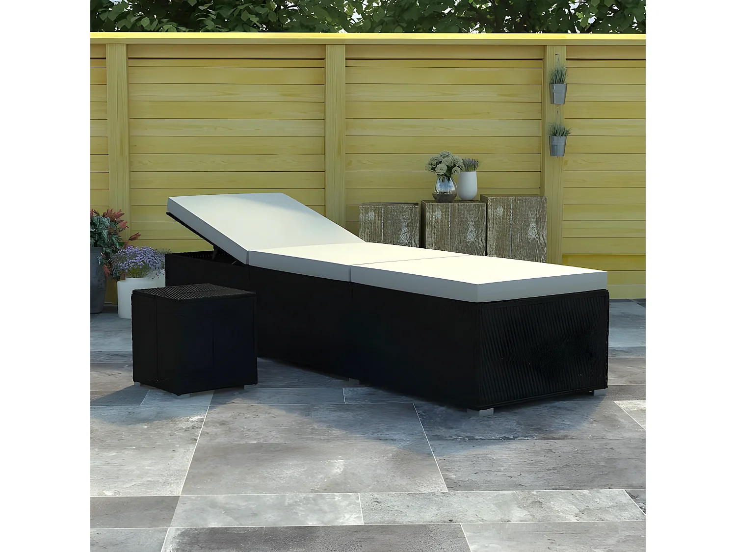 Set chaise longue et table tissu beige et résine noire Viali