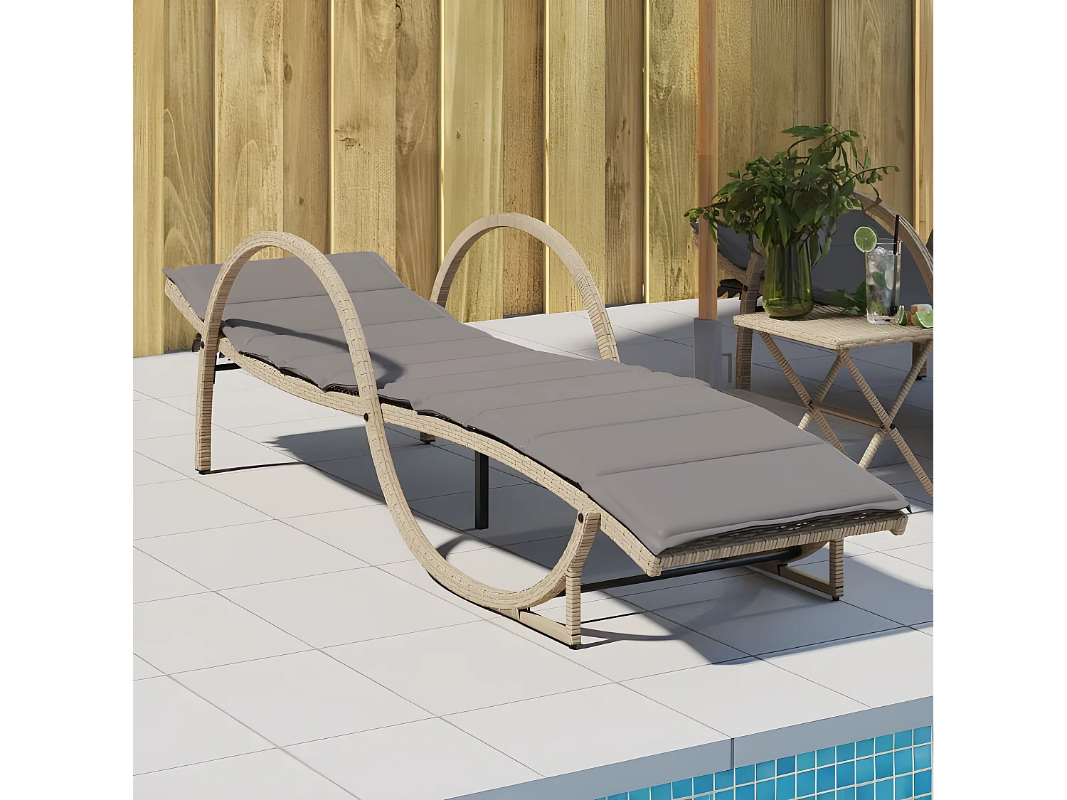 Chaise longue avec coussin beige 60x199x42 résine tressée