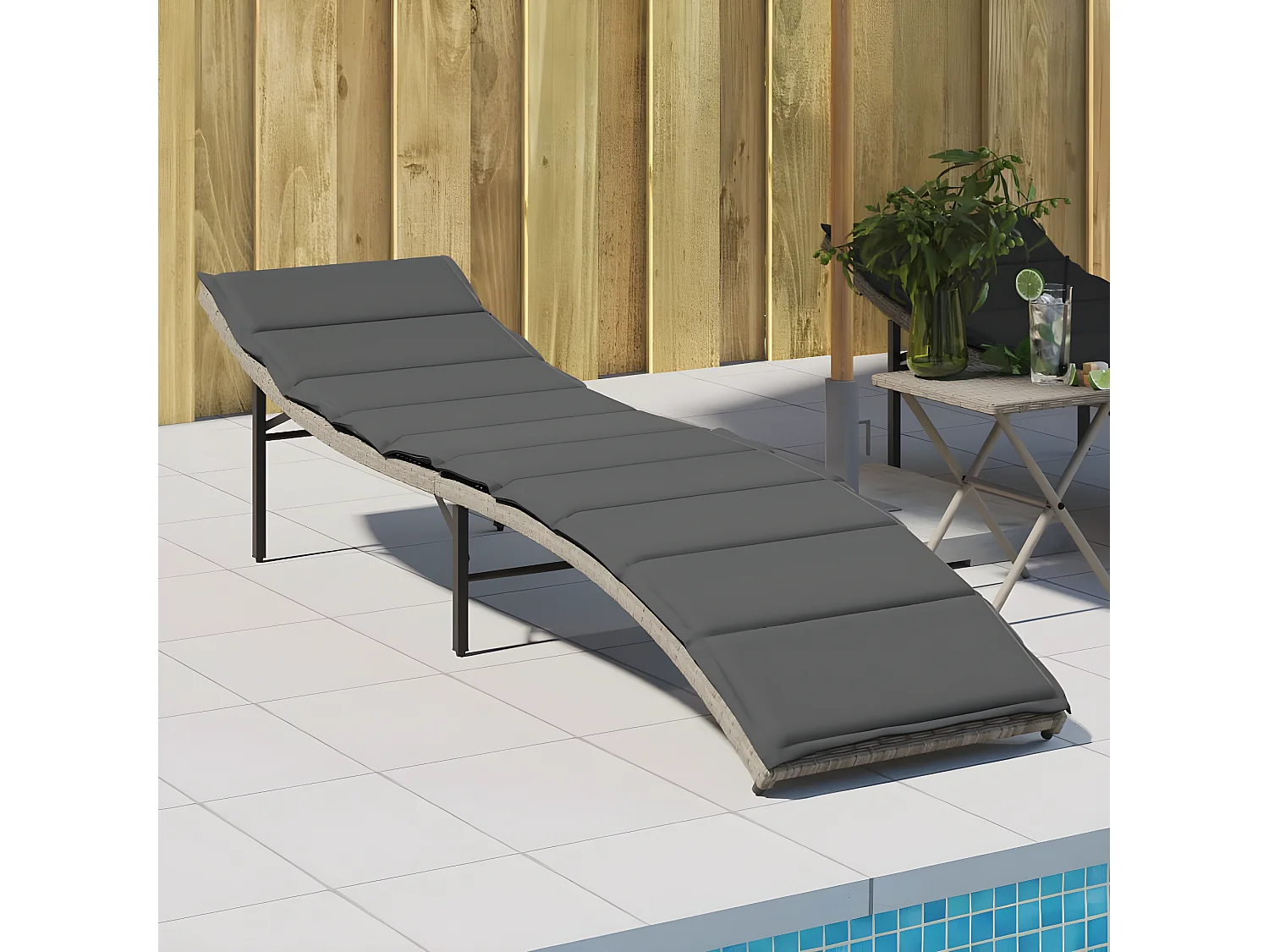 Chaise longue et coussin gris clair 55x199x50 résine tressée