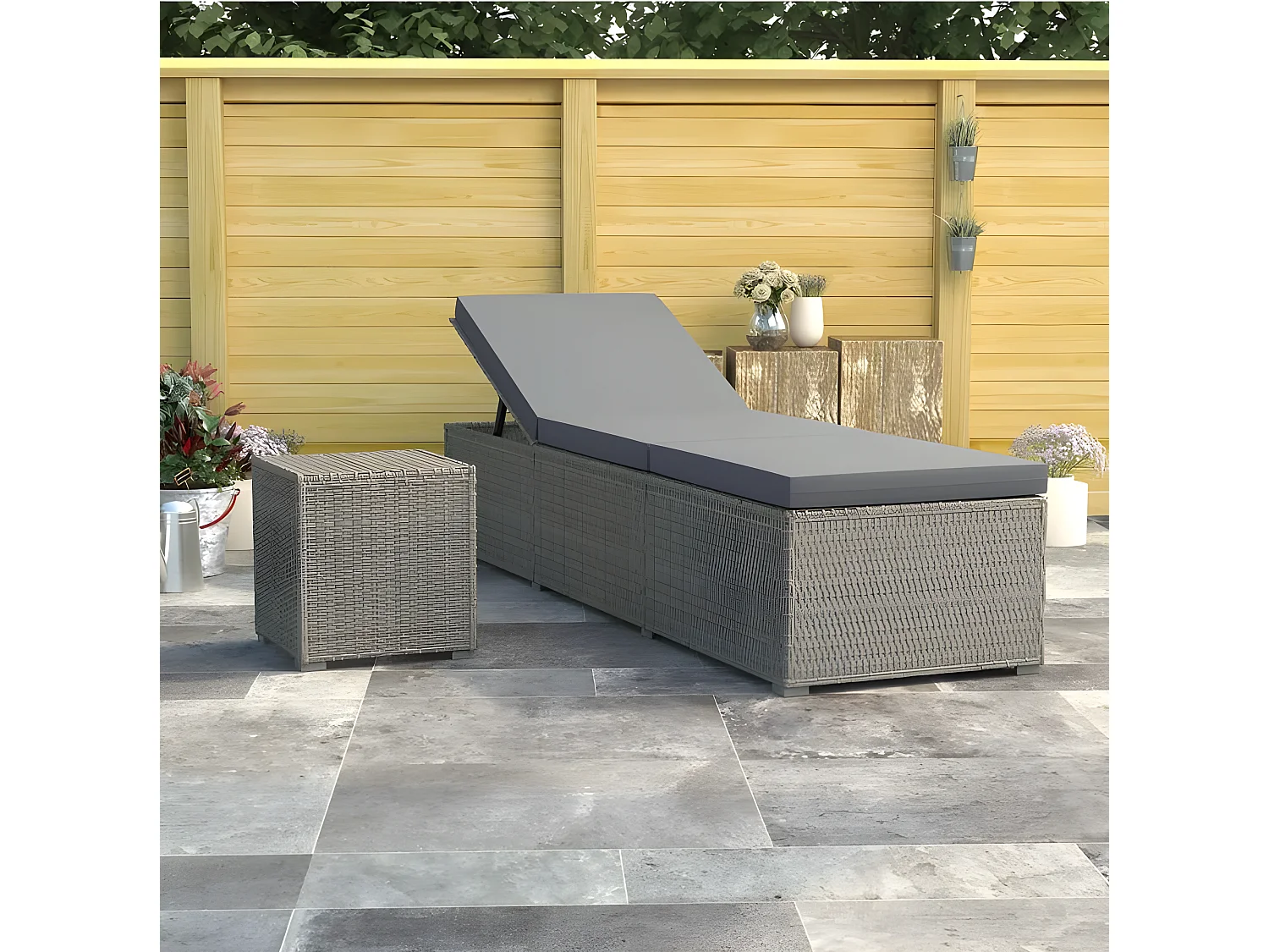 Set chaise longue et table tissu et résine tressée gris Viali