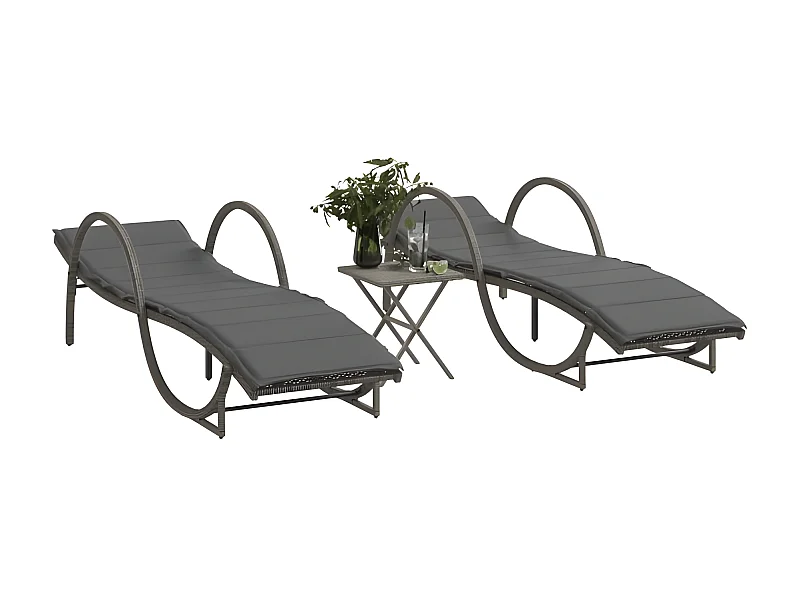 Chaises longues lot de 2 avec table gris résine tressée