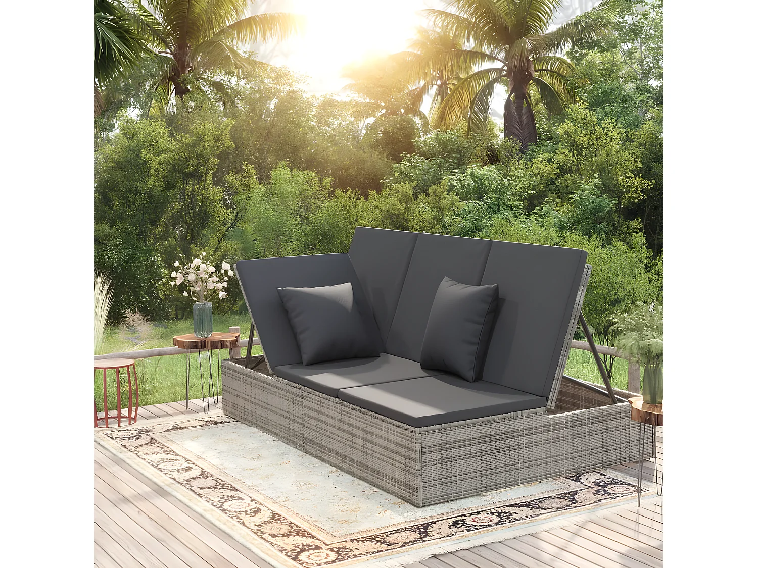 Transat convertible avec coussin Résine tressée Gris foncé