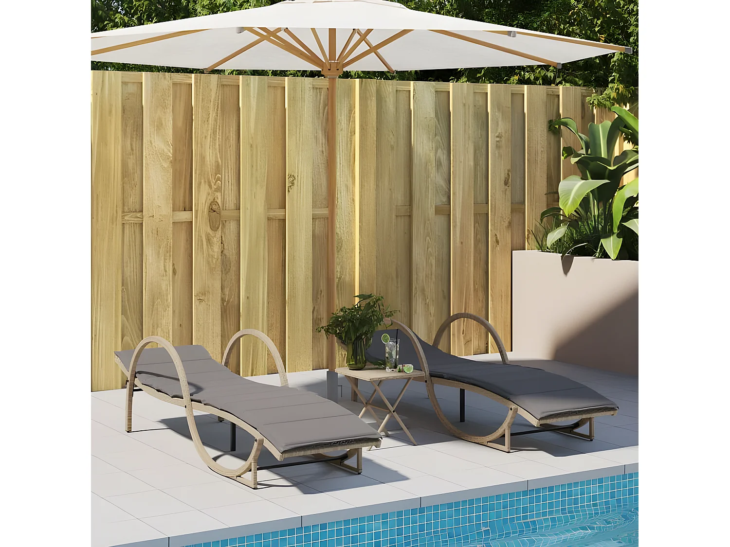 Chaises longues lot de 2 avec table beige résine tressée