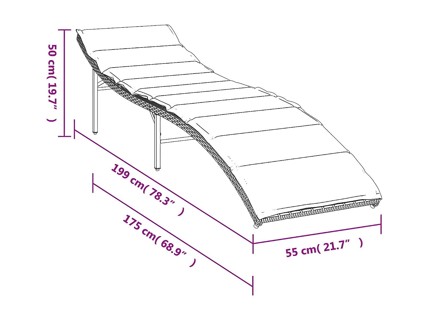 Chaise longue avec coussin beige 55x199x50 résine tressée
