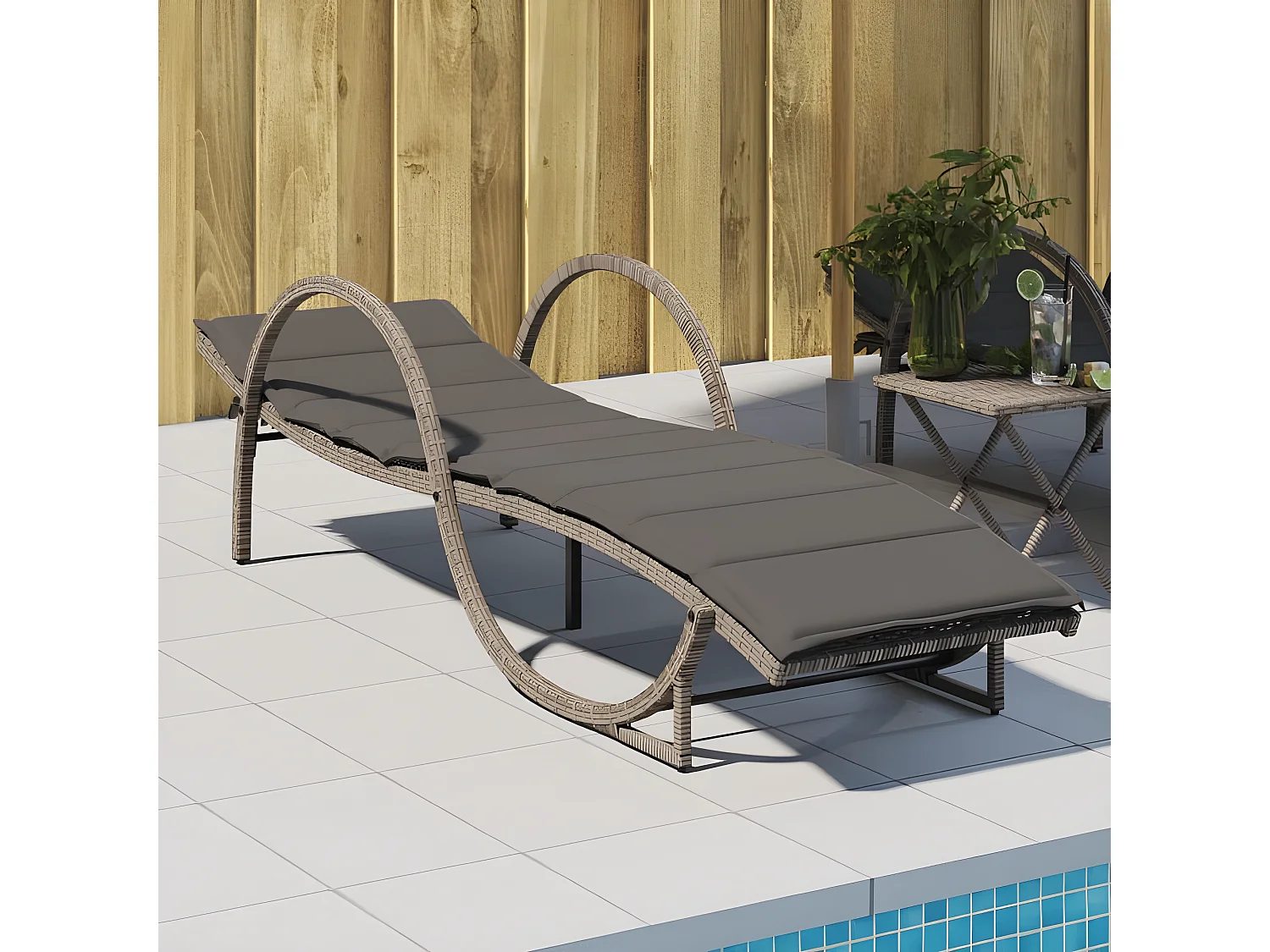 Chaise longue avec coussin gris 60x199x42 résine tressée