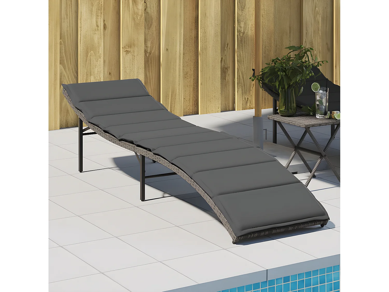 Chaise longue avec coussin gris 55x199x50 résine tressée