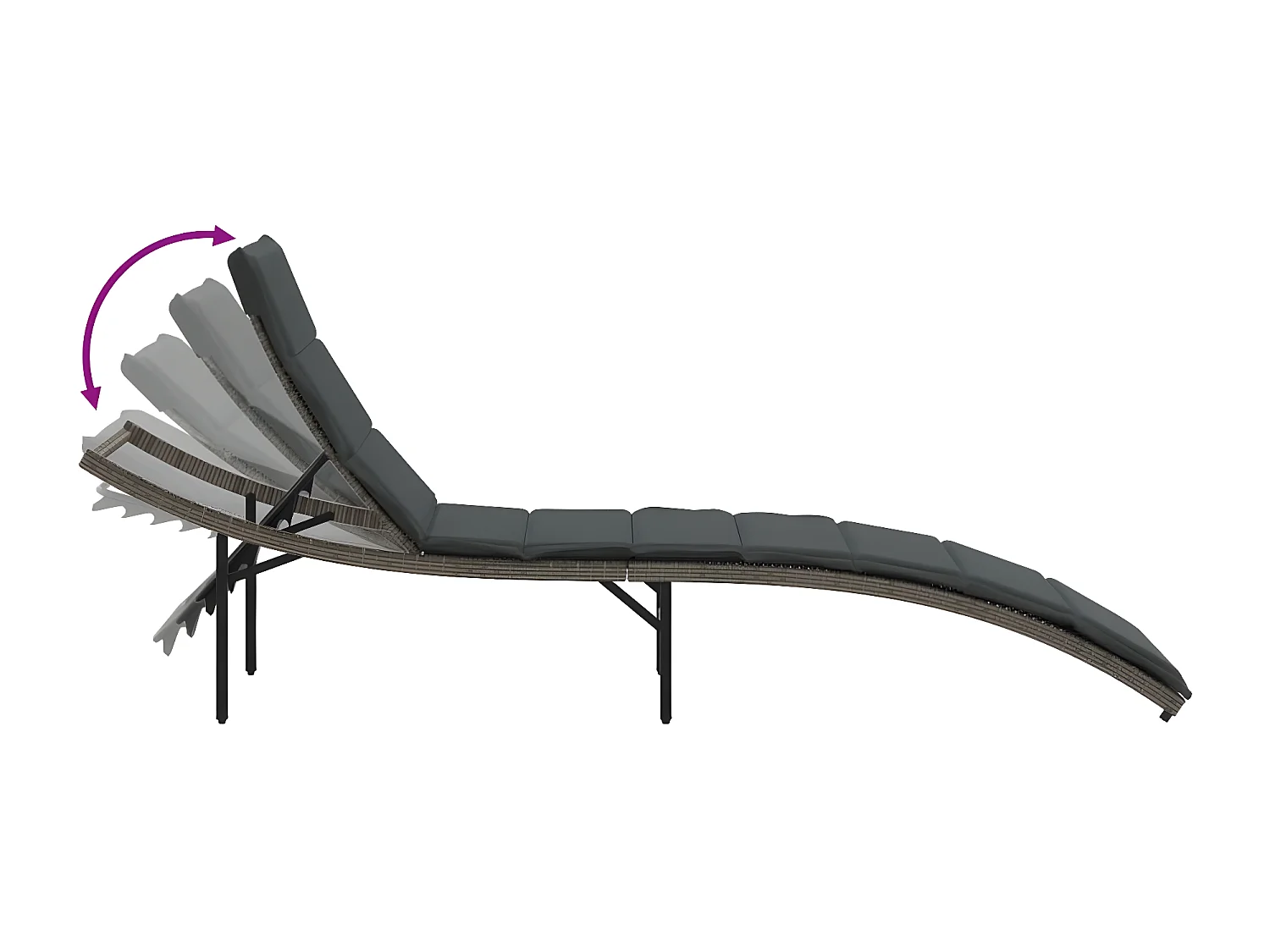Chaise longue avec coussin gris 55x199x50 résine tressée
