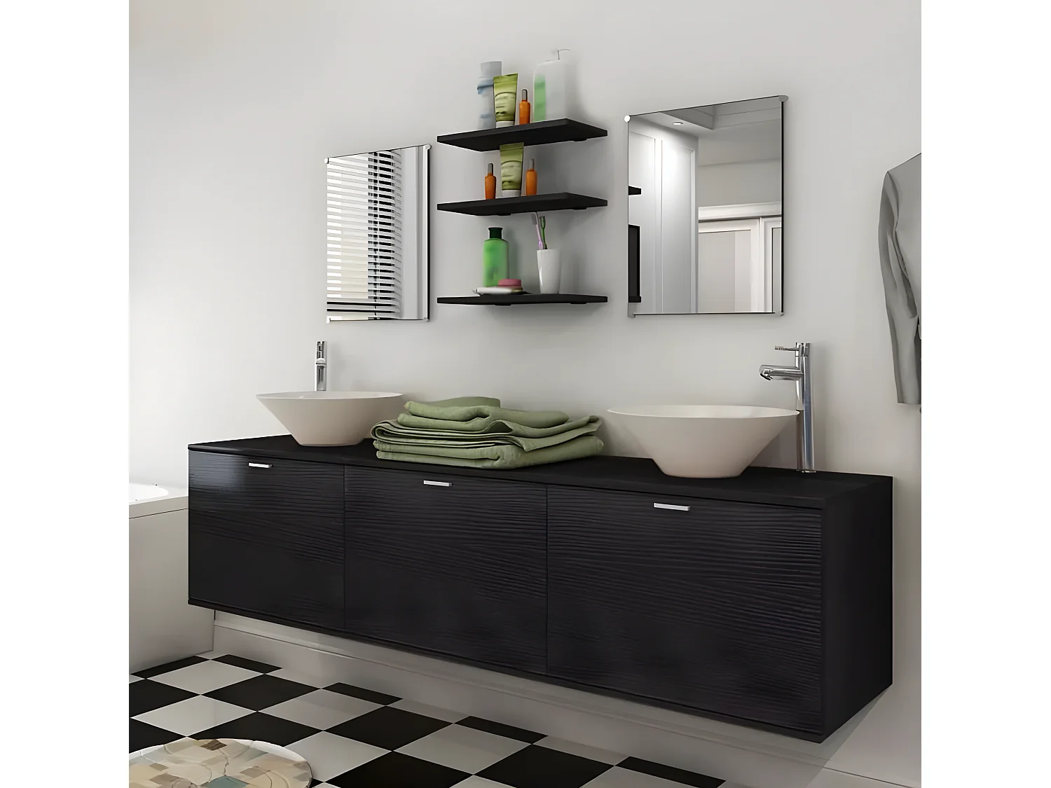 Meuble de salle de bain 16 pièces bois laqué noir Val