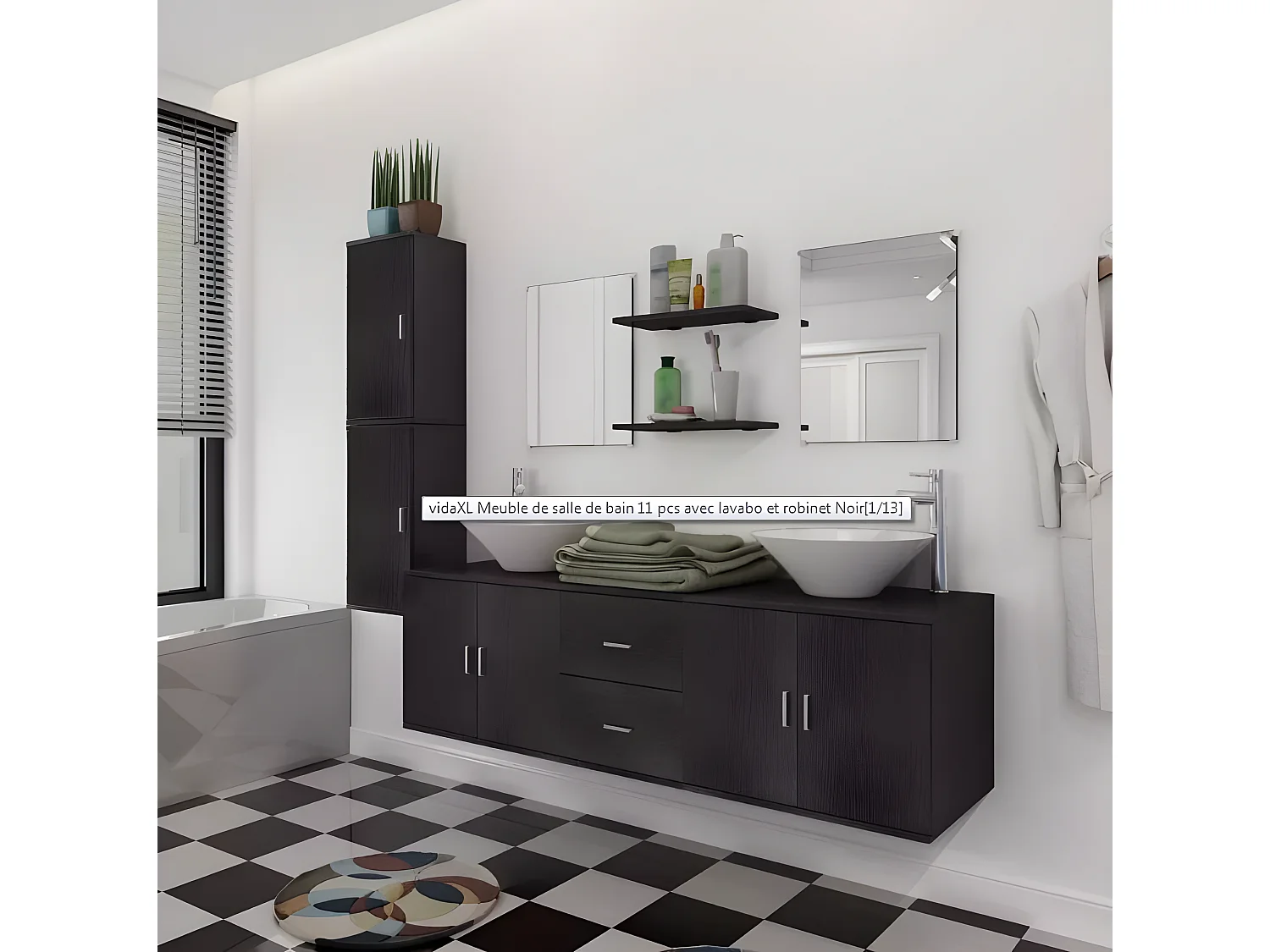 Meuble de salle de bain 17 pièces bois laqué noir Val