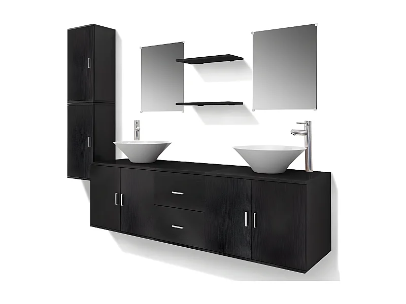 Meuble de salle de bain 17 pièces bois laqué noir Val