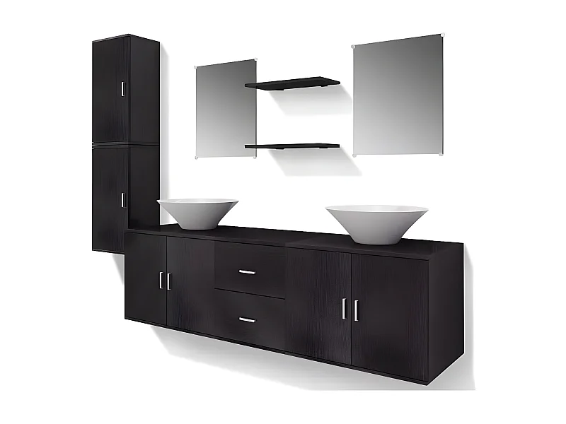 Meuble de salle de bain 11 pièces bois laqué noir Val