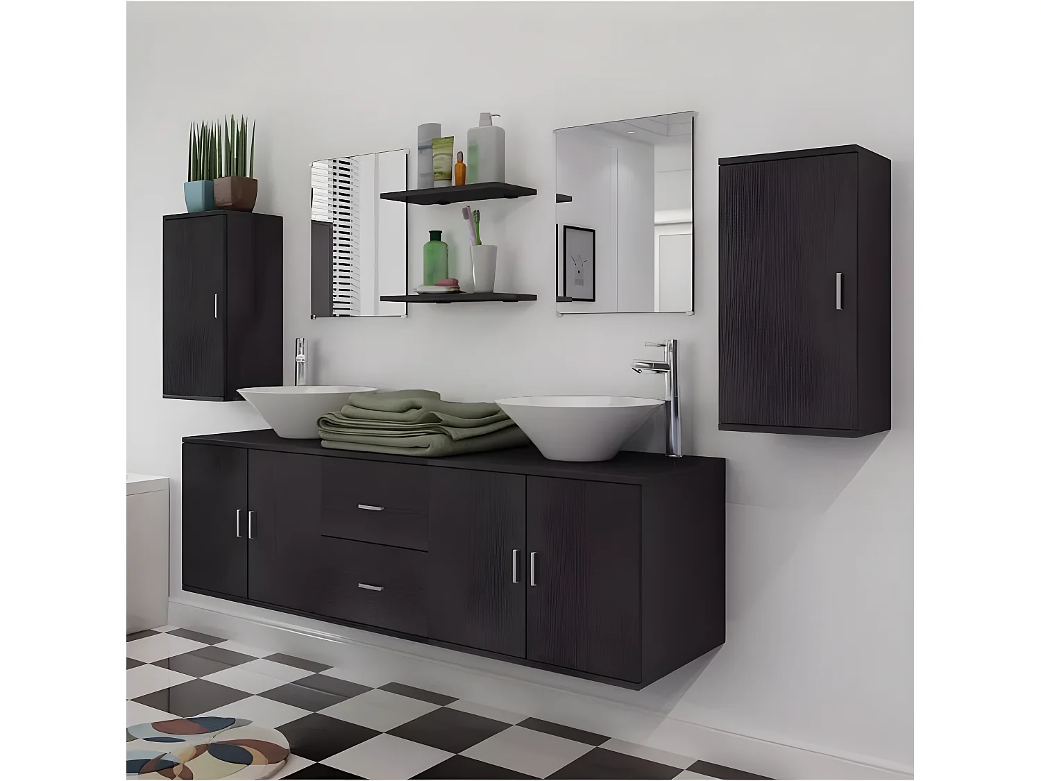 Meuble de salle de bain 11 pièces bois laqué noir Val