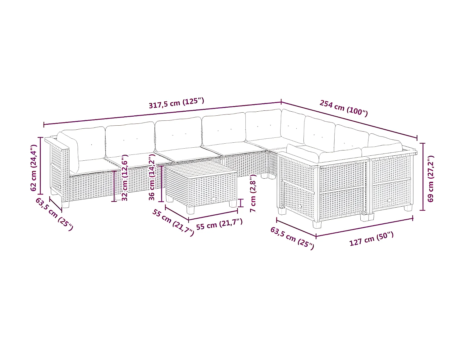 Salon de jardin avec coussins 10 pcs gris résine tressée